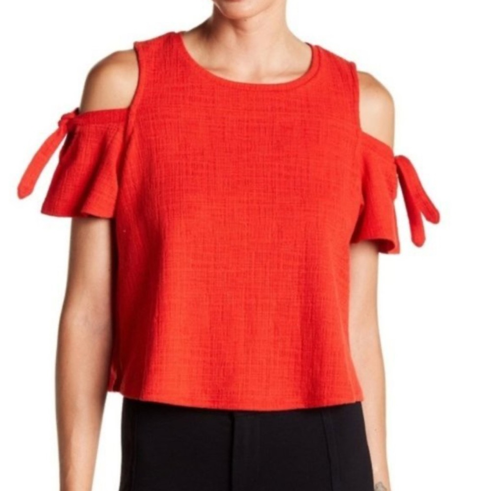 Madewell Red Crop Blouse with Flutter Sleeves and Tie Front